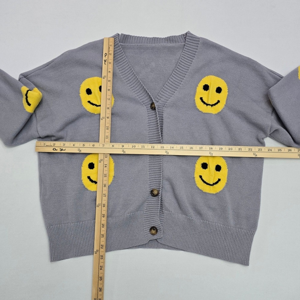 Smiley Face Graphic Knit Cardigan Grey Yellow XL HY052-XYT-07 - Picture 8 of 12